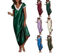 Camisones de seda para mujer, camisón largo de satén para mujer, camisón largo de satén del Reino Unido, elegante cuello en V, manga corta, ropa de dormir suave y ligera, ropa de dormir suelta, Morado