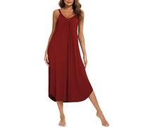 Camisones Mujer Sexy Tirantes Algodón Camisón Pijamas de Dormir Ligero y Suave Casual Vestidos Verano Largos sin Mangas (Rojo,L)