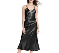 Camisones Sexys Mujer de Saten Camisón de Mujer Verano Tirantes Ajustable Camison Mujer Largo Dormir Combinacion Interior Ligero y (Black, L)