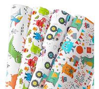 Camkuzon Papel de regalo de cumpleaños para niños, niñas, niños, 4 bonitos diseños, incluye papel de regalo de monstruo, coche, dinosaurio para vacaciones, fiestas, baby shower, paquete de 10 hojas,