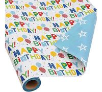 CAMKUZON Rollo de papel de regalo reversible de cumpleaños para niños, niñas, niños, hombres y mujeres, colorido diseño de globos y estrellas de feliz cumpleaños, papel de regalo para celebraciones de
