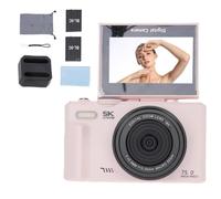 Camnoon Cámara Digital 5K con Tarjeta de Memoria de 32 GB, Cámara Viaje 75 MP, Zoom 18X, Pantalla Plegable 3 Pulgadas Incluye 2 Baterías y Estación Carga para Vlog Viajes (Rosado)