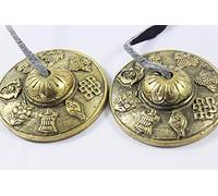 Campana de meditación tibetana Tingsha de 6,6 cm, 8 símbolos auspiciosos bellamente grabados en las superficies, afinada y fabricada a mano en Nepal