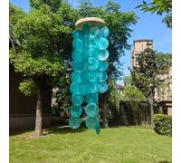 Campana de viento Capiz Shell de 28 pulgadas con parte superior de madera y conchas circulares, hecho a mano para uso en exteriores para añadir un ambiente de sonido tranquilo a cualquier espacio