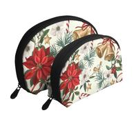 Campana navideña Floral con Flor de Pascua navideña, Bolsa de Maquillaje de Concha, Monedero pequeño para Mujer, Bolsa de artículos de tocador, Bolsa de cosméticos, 2 Piezas