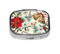 Campana navideña floral con flor de pascua navideña, Pastillero cuadrado para bolsillo o monedero, pequeño contenedor de pastillas, organizador de pastillas de viaje