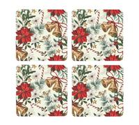 Campana navideña Floral de Pascua,Posavasos Cuadrados de Corcho MDF, Almohadilla para Tazas, Juego de 4 Posavasos para Bebidas