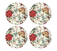 Campana navideña Floral de Pascua,Posavasos Redondos de Corcho MDF, Almohadilla para Tazas, Juego de 4 Posavasos para Bebidas