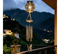 Campanas de viento alimentadas por energía solar para exteriores, linterna LED impermeable con sonidos relajantes, adorno colgante de jardín dorado retro de 33.5 pulgadas
