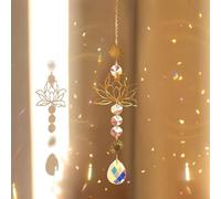 Campanilla de viento de cristal con diseño de flor de loto, en marco de latón para decoración de ventanas, atrapasueños para casa, oficina y coche, elegante idea de regalo con juego de luces de