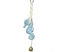 Campanilla de viento de madera para colgar con forma de caballito de mar para espacios interiores y exteriores costeros, mediterráneos, rústicos o vintage (azul)
