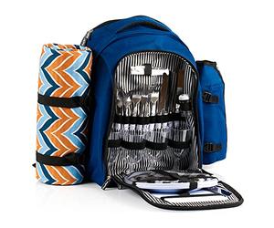 CampFeuer Mochila de Picnic con 32 Piezas para 4 Personas | Color Azul | Incl. Portabotellas, Manta de Picnic, Compartimento Nevera y Utensilios de Camping | Mochila Nevera Isotérmica