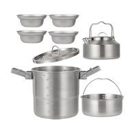 Camping Cooking Set, Portable Cook Pot Kit, Outdoor Survival Gear, Compact Travel Kitchen Tools, Lightweight Food Prep Kit for Family Hiking, Picnic, Backyard Use, Silver