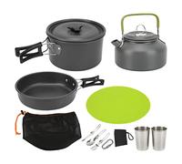 Camping Cookware Mess Kit, Outdoor Cookware Set with Hard Anodized Aluminum Pot Pan Teapot, Folding Cutlery and Heat Resistant Handles for Backpacking Hiking for 2-3 People (Negra)