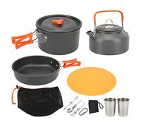 Camping Cookware Mess Kit, Outdoor Cookware Set with Hard Anodized Aluminum Pot Pan Teapot, Folding Cutlery and Heat Resistant Handles for Backpacking Hiking for 2-3 People (Naranja)