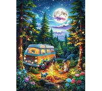 Camping en Camping-Car Dans la forêt au Clair de Lune Puzzle 500 Piezas Papel Adolescentes Mitos Animal Planta Actividad Días Libres Actividad Mente Colección Rompecabezas Regalo Cre