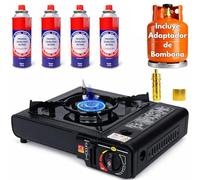 Camping Gas Portatil, Adaptador de Bombona, Hornillo + 4 Cartuchos, Hornillo Camping Gas Portátil, Cocina, Infernillo, Fogareiro (Horno+Adaptador bombon 4Botellas) (Hornillo+4Recambios)
