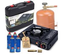 Camping Gas Portatil con adaptador de Bombona + 4 Cartuchos, Pack Hornillo + 4 Cartuchos, Hornillo Camping Gas Portátil, Cocinal, Infernillo, Fogareiro