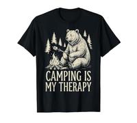 Camping Is My Therapy Funny Bear Fogata Al Aire Libre Senderismo Camiseta gráfica económica, Hombre, Negro, M