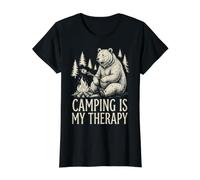 Camping Is My Therapy Funny Bear Fogata Al Aire Libre Senderismo Camiseta gráfica económica, Mujer, Negro, XS