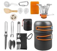 Camping Kochgeschirr Set, Camping geschirr Set mit Gaskocher, Outdoor Kochgeschirr Topfset Faltbar, Campinggeschirr 2 Personen Camping topf aus Aluminium für Wandern Outdoor Kochen Picnick