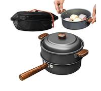 Camping Pan - Steaming Pot, Portable Lightweight Wooden Handle Cookware, Camping Frying Pan With Steamer | For 2-3 People Picnic Hiking Backpacking Family Trip Home Kitchen RV Tailgating