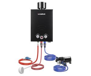 CAMPLUX 6 L/Min Calentador de Agua a Gas con Bomba de Agua de 12V y Cubierta de Lluvia, GPL (50mbar), para Ducha al Aire Libre/Camping/RVs, BW158BCP60-DE
