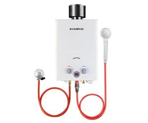 CAMPLUX BW158C Calentador de Agua de Gas sin Tanque con Tapa de lluvia, 6 L/min, Butano (28-30mbar) / Propano (37mbar), para el Viaje, RV, Campamento