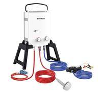CAMPLUX Calentador de Agua de Gas con Bomba & Soporte, 5 L/min, GLP, 50mbar | Incl. Kit de Ducha de 3,5 m y Bolsa de Transporte, Independiente, para el Campamento, RV, Caballos, AY132Max-DE