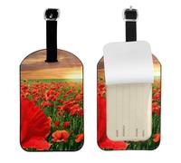 Campo de amapolas al atardecer,Etiquetas de equipaje de cuero sintético con nombre, etiquetas de viaje duraderas, 2 unidades