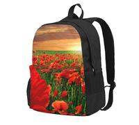 Campo de amapolas al atardecer,Mochila con bolsillos, mochila informal para el día a día, resistente al agua, ideal para la escuela, viajes