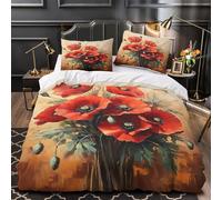 Campo de amapolas rojas Funda de Edredón de poliéster Juego de 3 Piezas Diseño 3D Cremallera Oculta incluye Fundas de Almohada Transpirable Paisaje natural Funda Edredon for niña King（220x240cm）