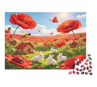 Campo de Amapolas Rojas Puzzle de 1000 Piezas Papel para Adultos Conejos Blancos Bonitos Escena Natural Puzzle para Toda la Familia Relajación Decoración Regalo 52x38cm/1000pcs