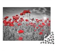Campo de Amapolas Rojas Puzzle de 1000 Piezas para Adultos Atardecer Blanco Negro Relajante Hogar 52x38cm/1000pcs