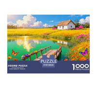 Campo de Coreopsis Junto al Lago Puzzle De Madera Impermeable DIY Puzzles De 1000 Piezas Regalos para Adultos Imposible Rompecabezas Decoración del Hogar