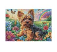 Campo de Flores arcoíris Yorkshire Terrier Animal Lindo Puzzles 300 Piezas Obra De Arte 3D Familiar Rompecabezas para Adultos Aliviar Estrés Decoración Hogar Moderno DIY 300 PCS