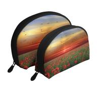 Campo de Flores de Amapola roja al Atardecer Impreso, Bolsa de Maquillaje de Concha, Monedero pequeño para Mujer, Bolsa de artículos de tocador, Bolsa de cosméticos, 2 Piezas