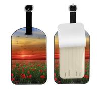 Campo de flores de amapolas rojas al atardecer impreso,Etiquetas de equipaje de cuero sintético con nombre, etiquetas de viaje duraderas, 2 unidades
