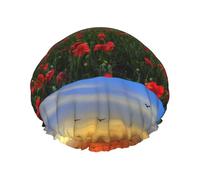Campo de flores de amapolas rojas al atardecer impreso,Gorro de ducha, gorro de noche, gorro de baño elástico impermeable de doble capa, reutilizable para el cabello.