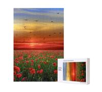 Campo de Flores de Amapolas Rojas al Atardecer Impreso,Rompecabezas de Madera de 300 Piezas para Adultos y Adolescentes.