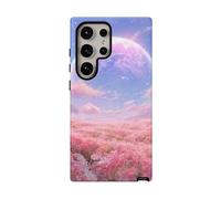 Campo de flores rosas con planeta brillante, funda resistente mate, compatible con Samsung Galaxy S24 Ultra