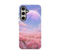 Campo de flores rosas con planeta brillante, funda resistente mate, compatible con Samsung Galaxy S24 Plus