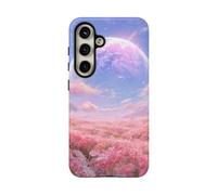 Campo de flores rosas con planeta brillante, funda resistente mate, compatible con Samsung Galaxy S24