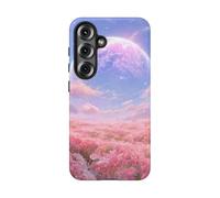 Campo de flores rosas con planeta brillante, funda resistente mate, compatible con Samsung Galaxy S25