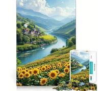 Campo de Girasoles Junto al río y el Pueblo Rompecabezas de 1000 Piezas para Adolescentes Juguete para ejercitar la Mente Relajación Mental Diseño y Montaje Lista de Deseos de Papá Noel 50x75cm