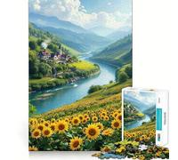 Campo de Girasoles Junto al río y el Pueblo Rompecabezas de 1000 Piezas para Adultos Regalo Ideal para ejercitar la Mente Juguete Divertido y silencioso Diseño para armar 38x52cm