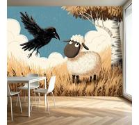 Campo de trigo Ovejas Cuervos Papel pintado fotográfico 300 x 210 cm Intejido de pared, Animales de dibujos animados Papel pintado Panorámico Fotografía Pared para habitación infantil Guardería Sala