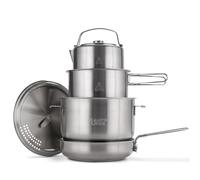 Campo Libre.® Enzo Juego de Cocina Camping - Ollas y Sartenes Acero Inoxidable, Duradero HexaGuard ProCore, Diseño Compacto y Apilable, Bateria de Cocina para Camping Gas, Inducción, Vitro, 6 Piezas