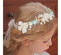 Campsis Diadema de cristal de princesa con diamantes de imitación azul con perlas de aleación, accesorios para el cabello para novia, comunión, boda, graduación, fotografía para niñas y mujeres