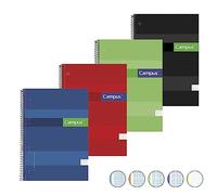 Campus - Cuadernos A4 Cuadrícula Horizontal, Tapa Extradura, 160 hojas, Pack de 4 blocs perfectos para uso escolar, oficina y hogar, Colores Surtidos (4 unidades)